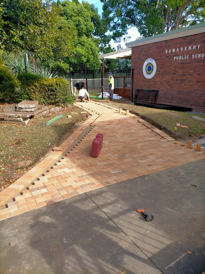 New brick paved ramp being laid outside the Bomaderry Public School building